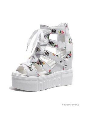 Florals Wedge Platform Sandals for Women Gladiator Peep Toe Chunky Hidden High